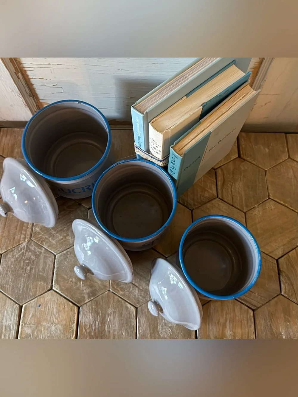 Vintage French Enamel Canisters;Sucre, Cafe & Farine,SET/3, Blue/Gray, Provence